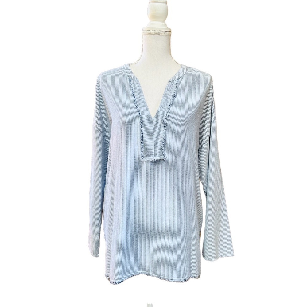 VELVET BY GRAHAM & SPENCER WOMENS SOFT BLUE STRIPED LONG SLEEVE PULLOVER SHIRT